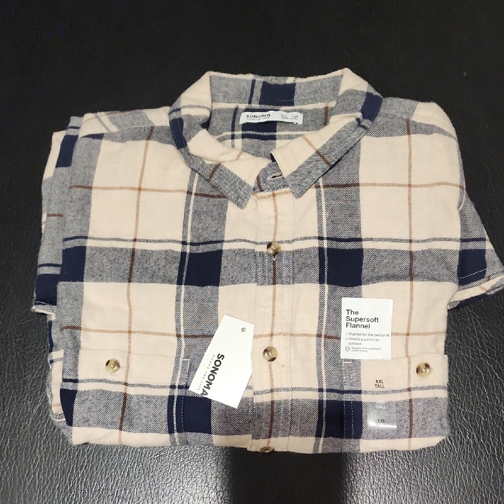 Sonoma Navy and Cream Plaid Flannel Shirt